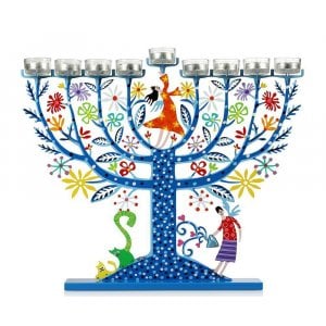 Tzuki Art Blue Hand Painted Hanukkah Menorah - Family Tree
