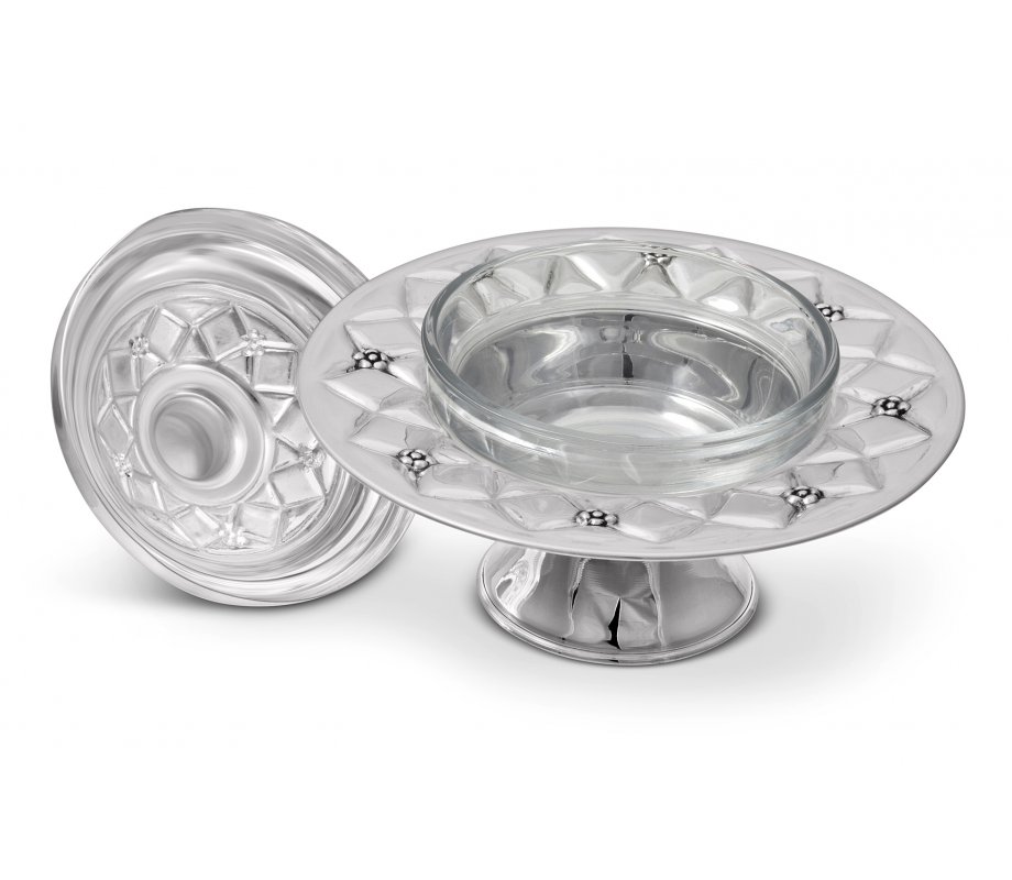 925 Sterling Silver Rosh Hashanah Honey Dish on Pedestal - Diamond Design