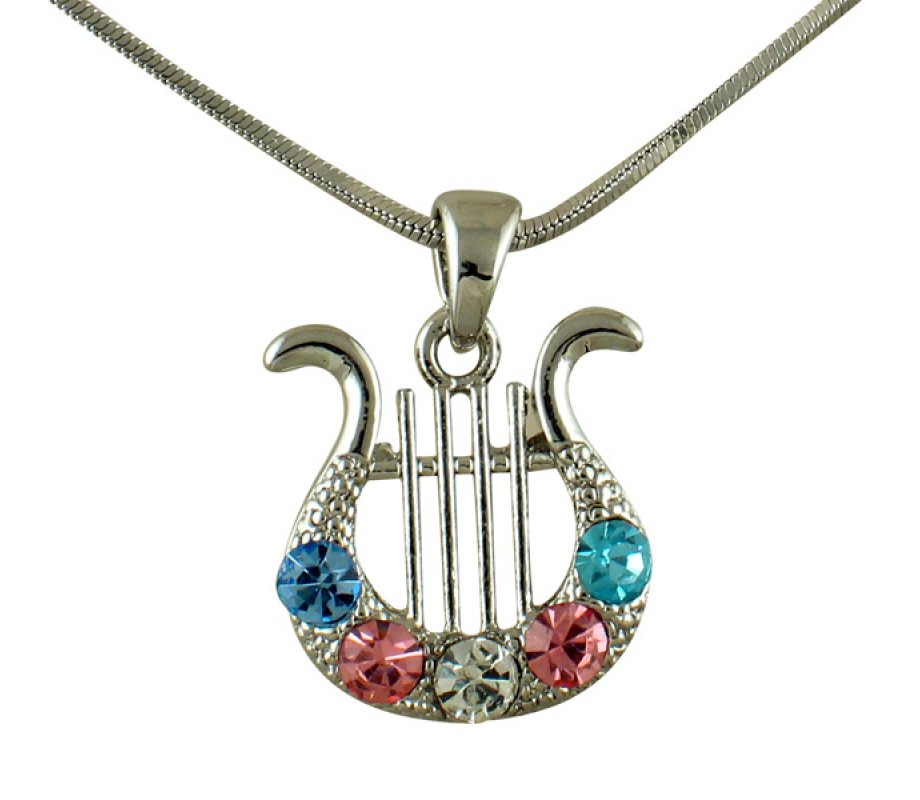 AJDesign Rhodium King David Lyre Pendant with colored stones