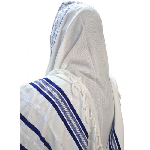 Acrylic Non-Slip Tallit, Textured Checkerboard Weave - Silver and Blue Stripes