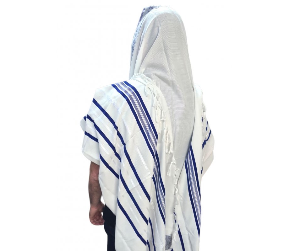 Acrylic Non-Slip Tallit, Textured Checkerboard Weave - Silver and Blue Stripes