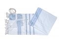Acrylic Non-Slip Tallit, Textured Checkerboard Weave - Sky Blue and Silver Stripes