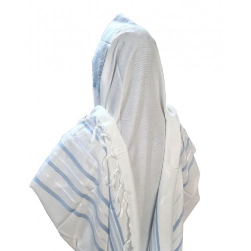 Acrylic Non-Slip Tallit, Textured Checkerboard Weave - Sky Blue and Silver Stripes