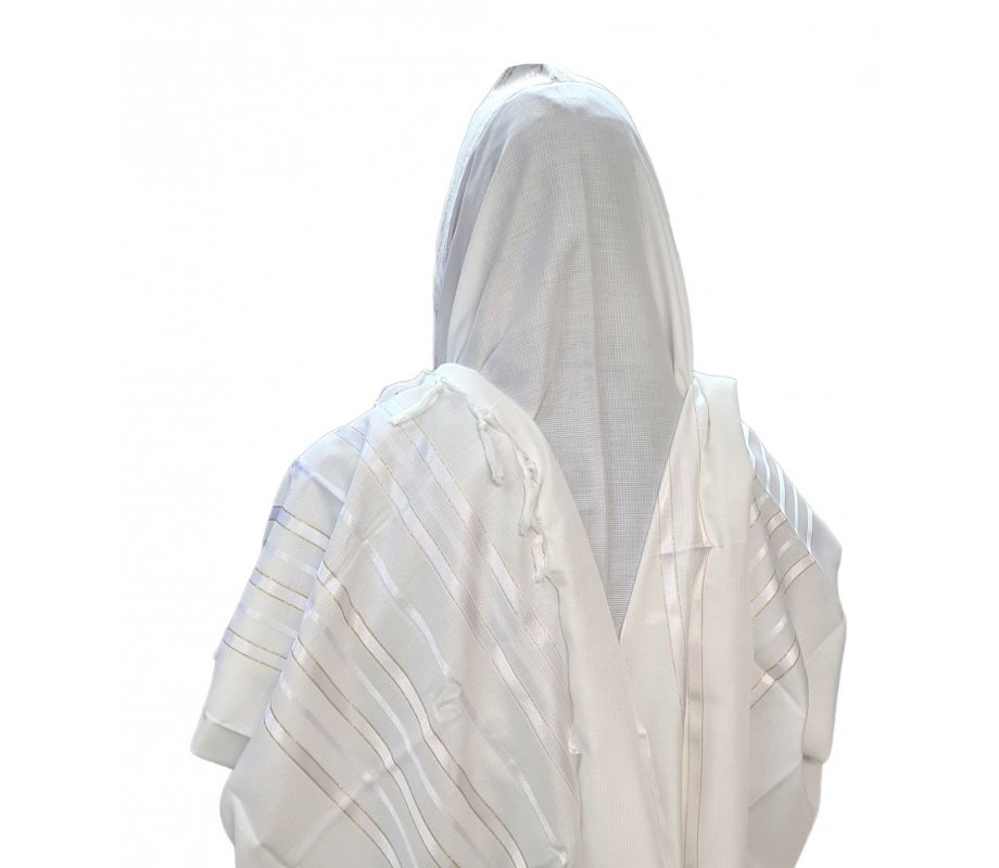 Acrylic Non-Slip Tallit, Textured Checkerboard Weave White and Gold Stripes