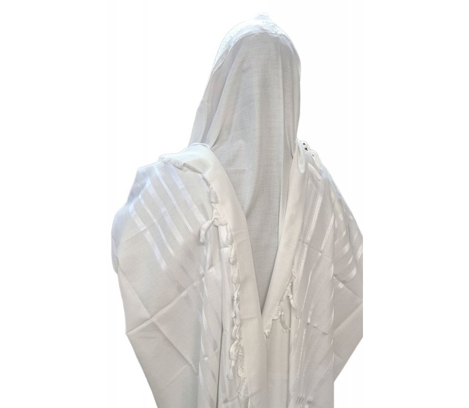 Acrylic Non-Slip Tallit, Textured Checkerboard Weave - White on White Stripes