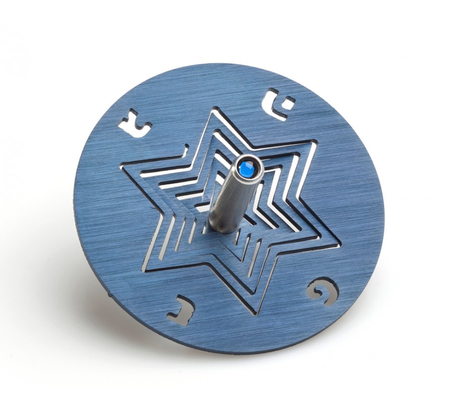 Adi Sidler Anodized Aluminum Chanukah Dreidel and Stand, Star of David - Blue