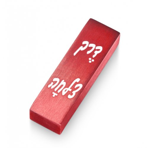 Adi Sidler Brushed Aluminum Car Mezuzah, Bon Voyage in Hebrew - Red