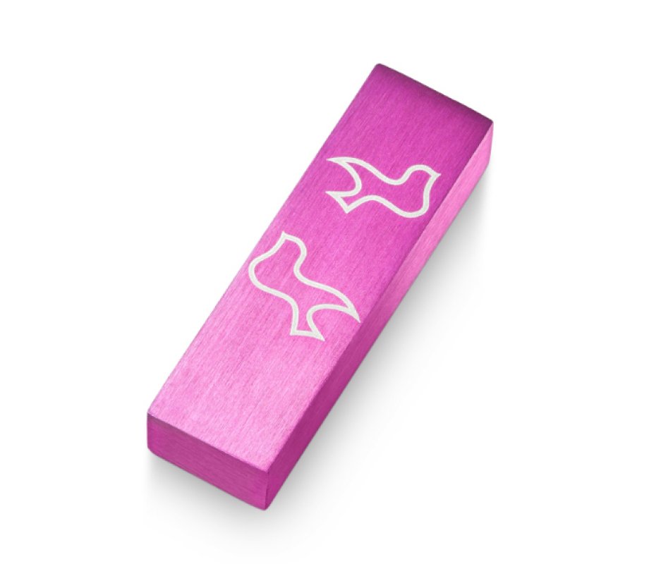 Adi Sidler Brushed Aluminum Car Mezuzah, Peace Doves - Pink