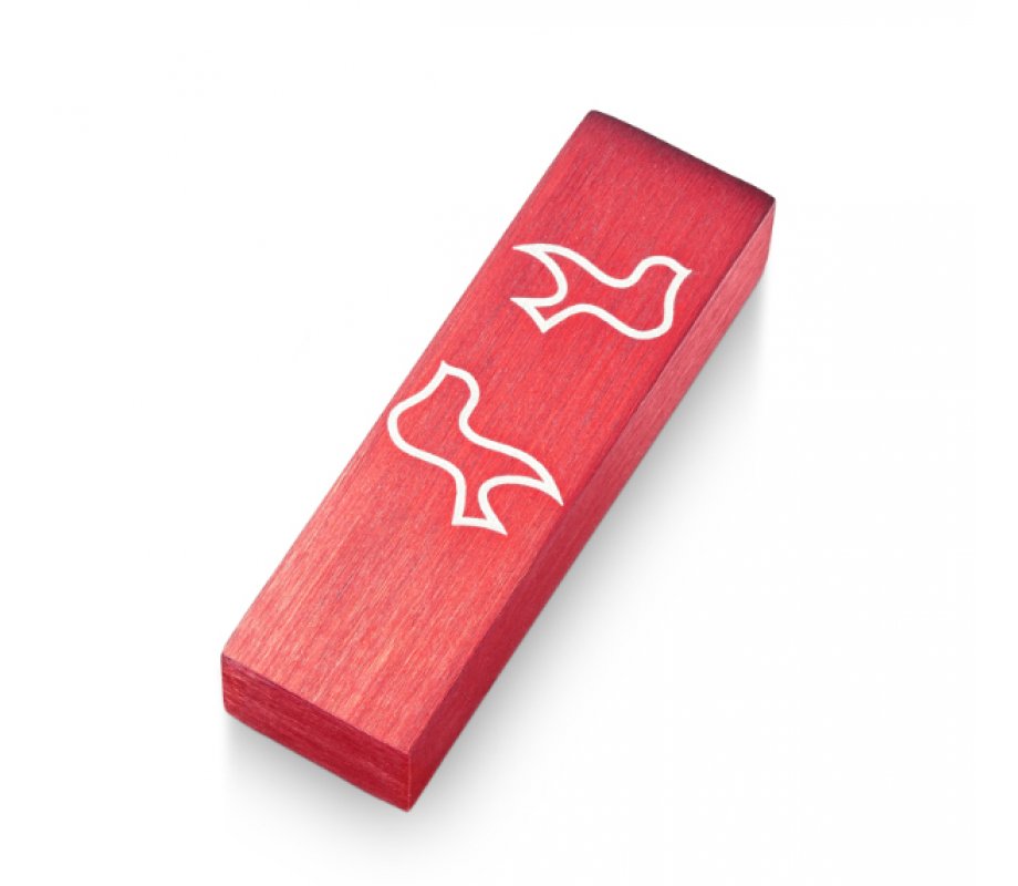 Adi Sidler Brushed Aluminum Car Mezuzah, Peace Doves - Red