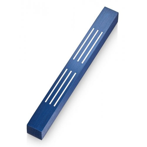 Adi Sidler Brushed Aluminum Mezuzah Case, Lines of Shin Design - Blue