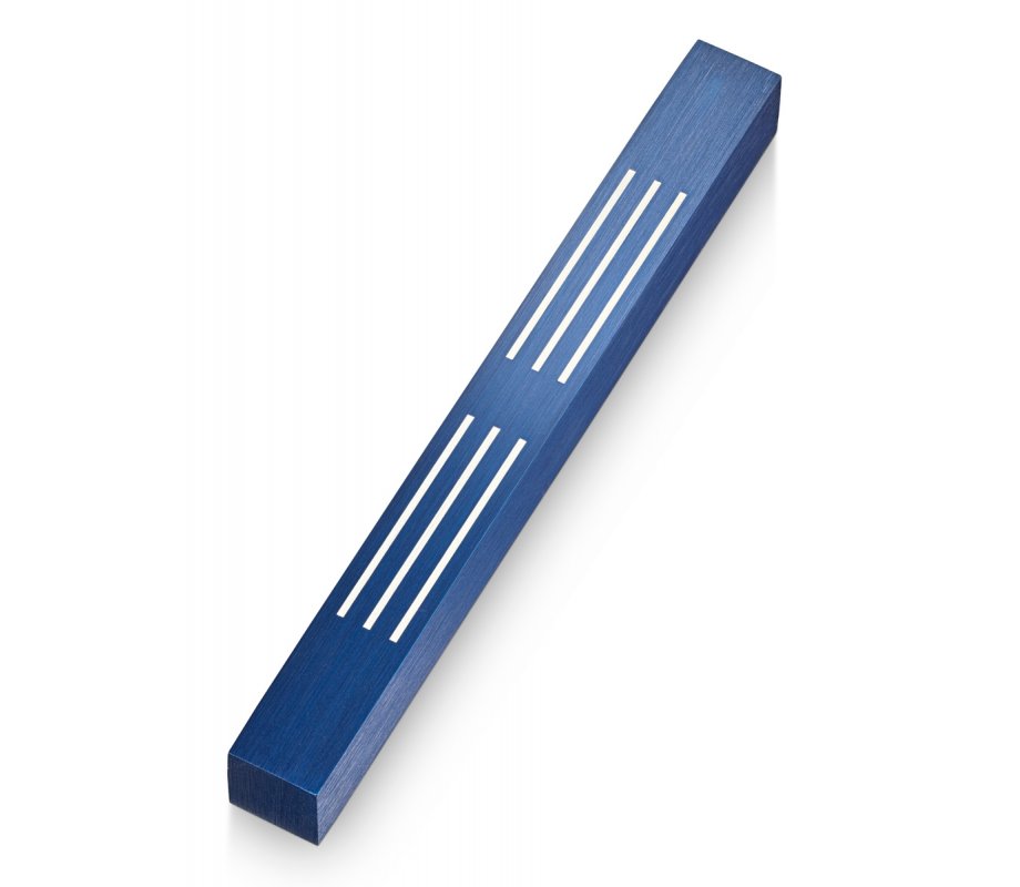 Adi Sidler Brushed Aluminum Mezuzah Case, Lines of Shin Design - Blue