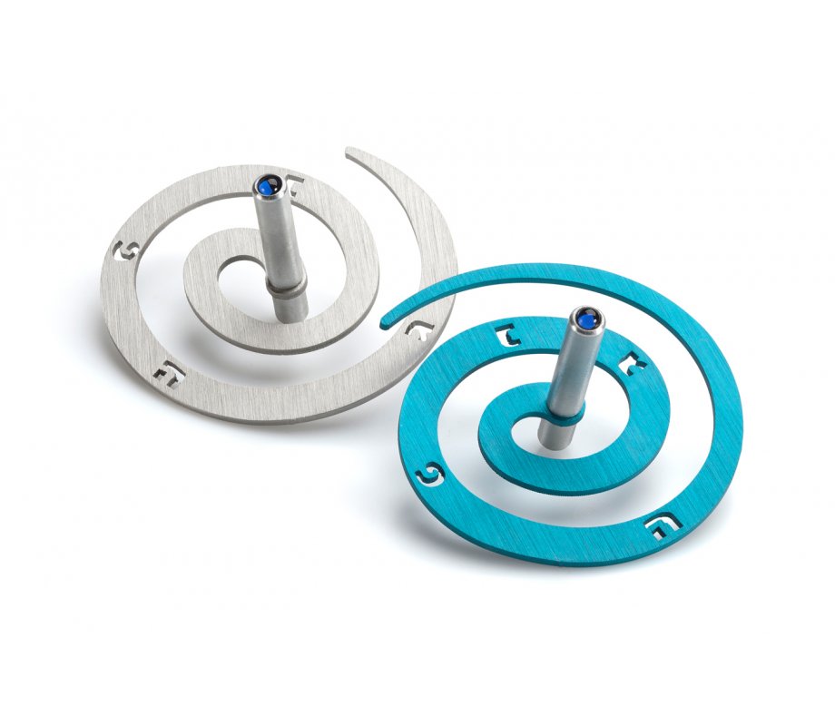 Adi Sidler Double Spiral Chanukah Dreidel Brushed Aluminum - Turquoise and Silver