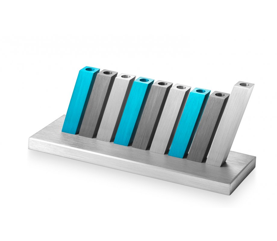 Adi Sidler Kinetic Hanukkah Menorah Aluminum - Turquoise, Gray & Silver Rods