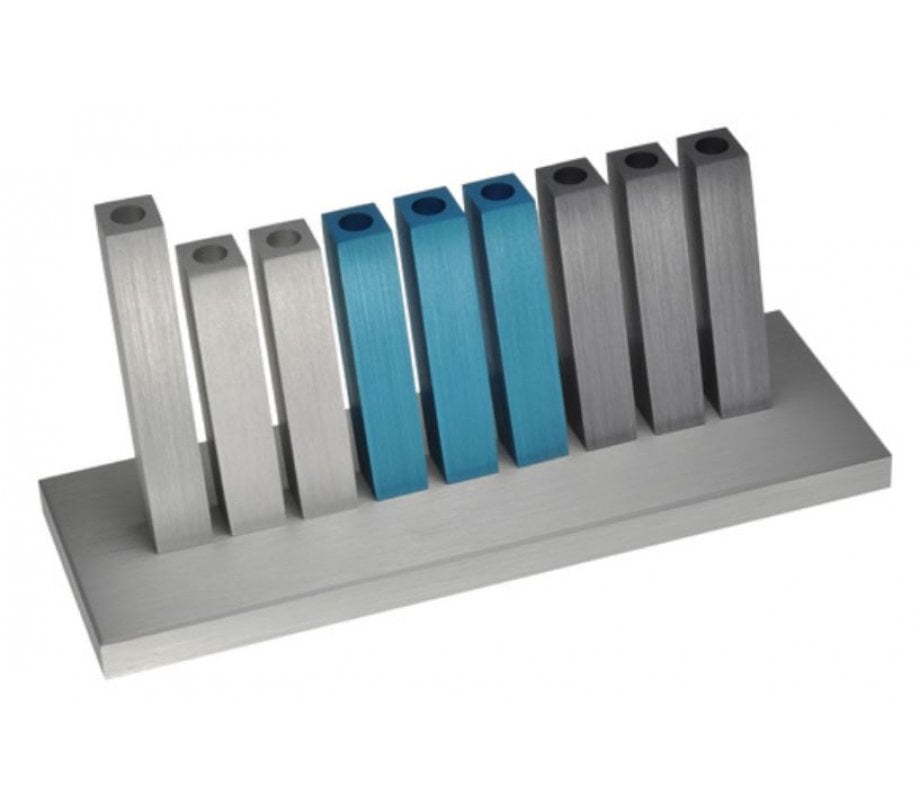 Adi Sidler Kinetic Hanukkah Menorah Aluminum - Turquoise, Gray & Silver Rods