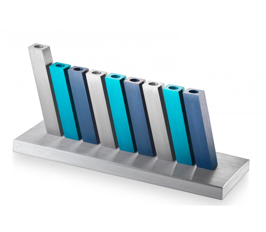 Adi Sidler Kinetic Hanukkah Menorah Aluminum - Turquoise, Blue and Silver Rods