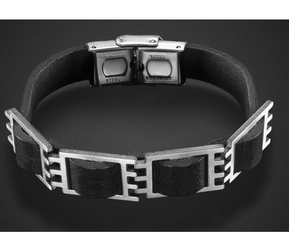 Adi Sidler Man's Black Leather Bracelet with Four Geometric Elements
