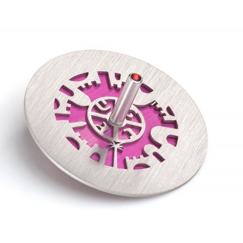 Adi Sidler Two Tone Chanukah Dreidel and Stand, Cutout Jerusalem Design - Pink