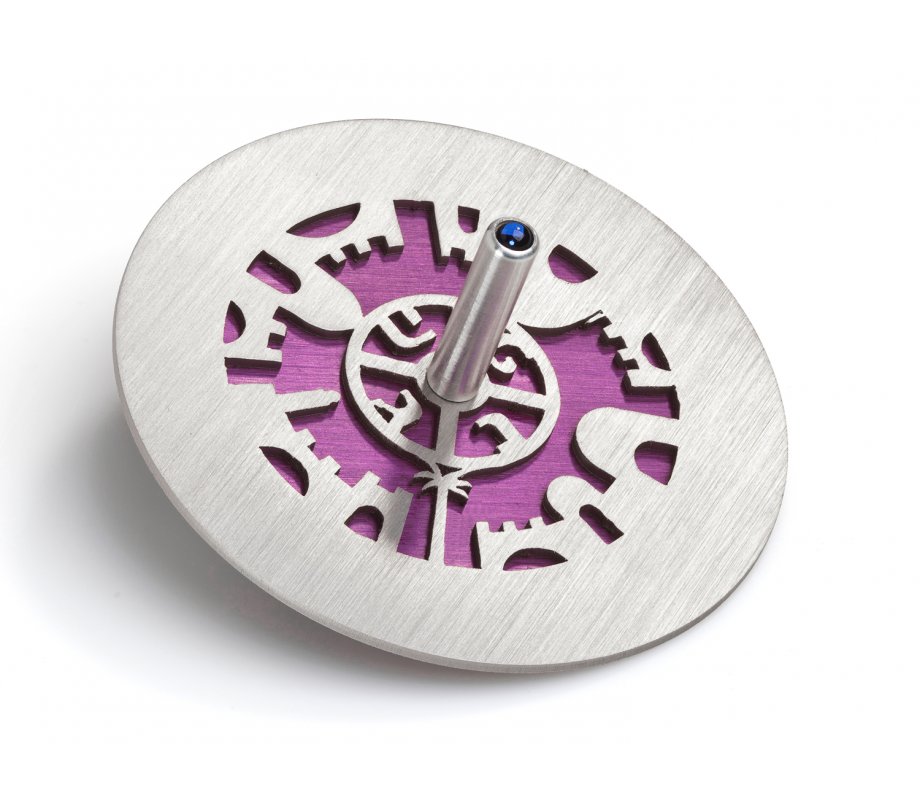 Adi Sidler Two Tone Chanukah Dreidel and Stand, Cutout Jerusalem Design - Purple