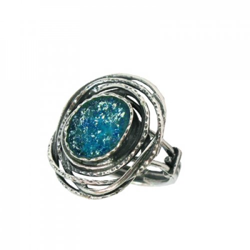 Adjustable Bird's Nest Ring in Silver and Roman Glass
