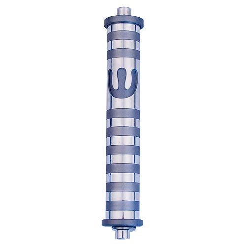 Agayof Cylinder Mezuzah Case with Bands & Curving Shin, Light Colors - 6 Inches