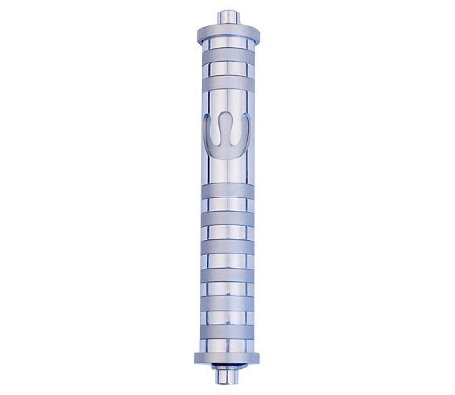 Agayof Cylinder Mezuzah Case with Bands & Curving Shin, Light Colors - 6 Inches
