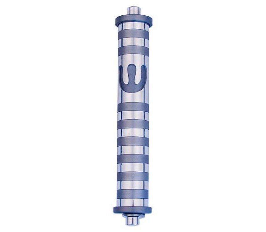 Agayof Cylinder Mezuzah Case with Bands & Curving Shin, Light Colors - 6 Inches