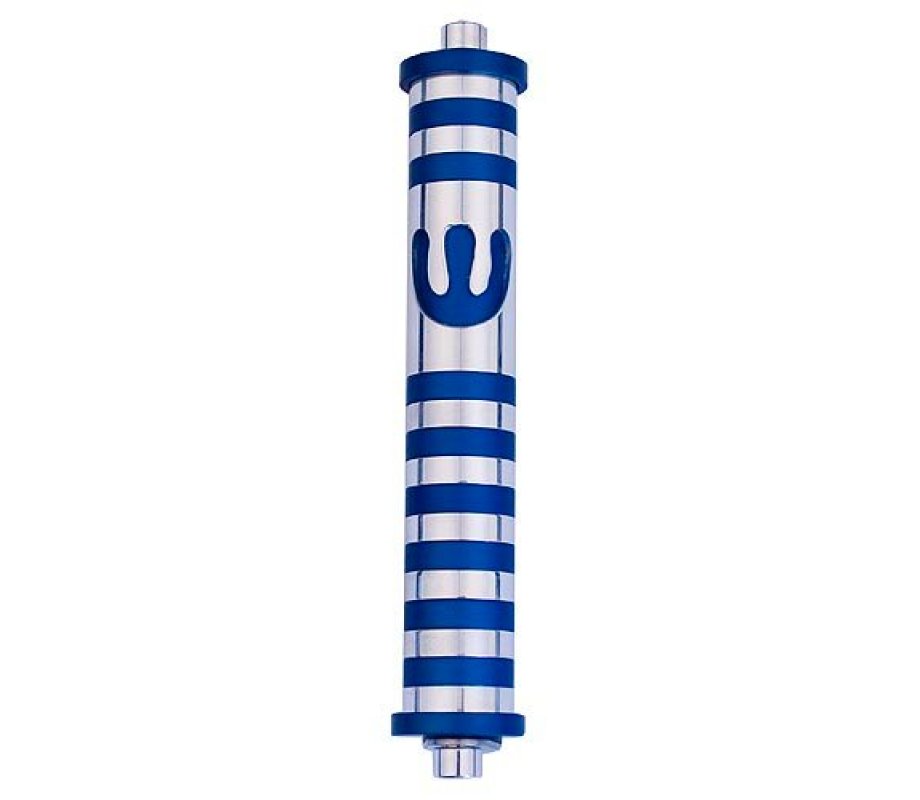 Agayof Cylinder Mezuzah Case with Bands & Curving Shin, Light Colors - 6 Inches