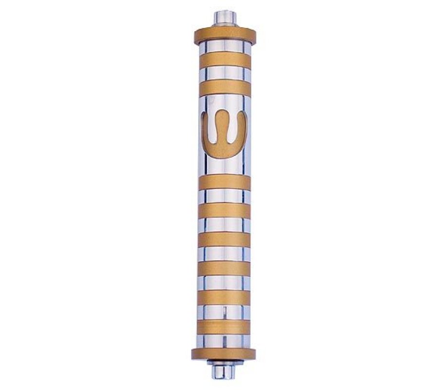Agayof Cylinder Mezuzah Case with Bands & Curving Shin, Light Colors - 6 Inches