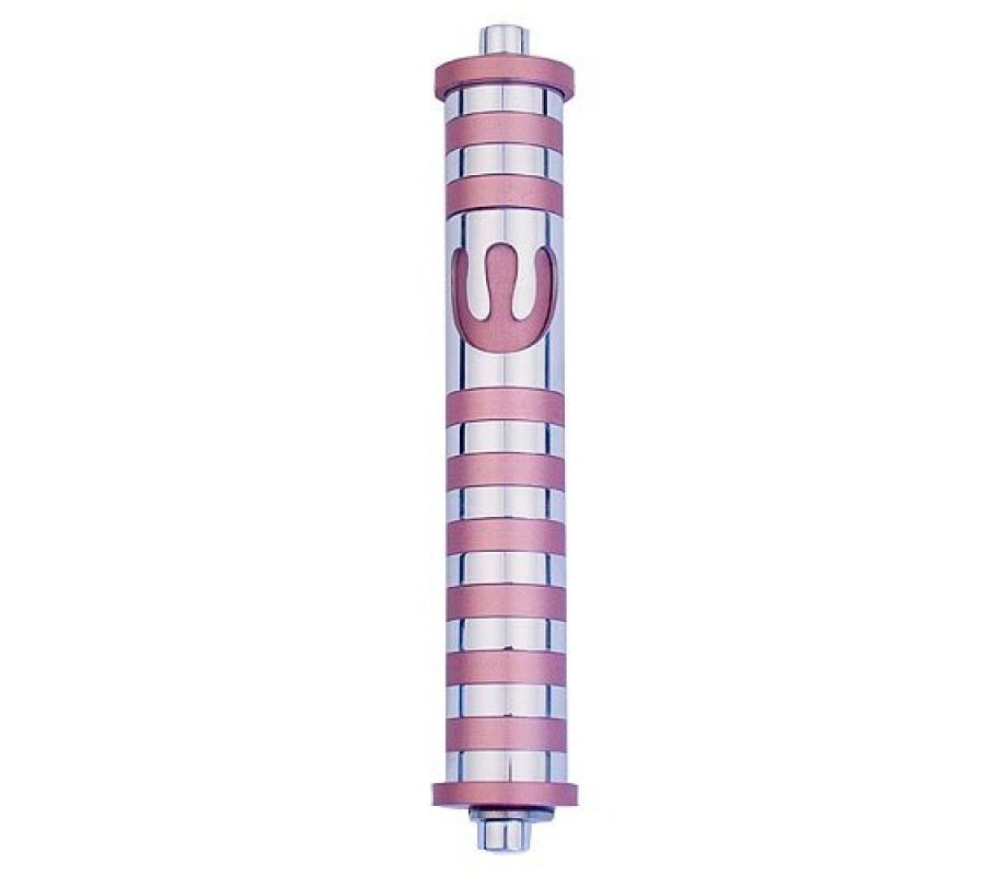 Agayof Cylinder Mezuzah Case with Bands & Curving Shin, Light Colors - 6 Inches