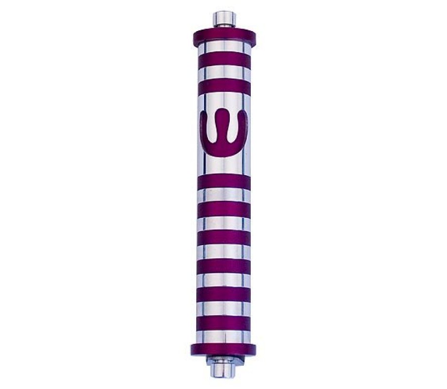 Agayof Cylinder Mezuzah Case with Bands and Curving Shin, Dark Colors – 6 Inches