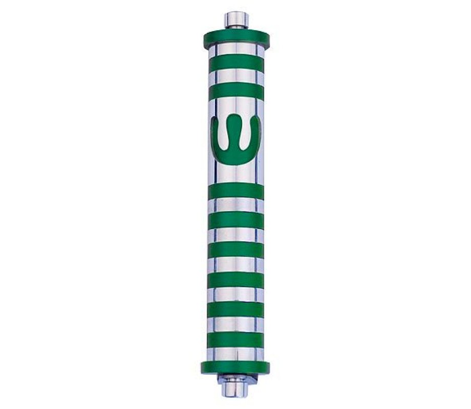 Agayof Cylinder Mezuzah Case with Bands and Curving Shin, Dark Colors – 6 Inches
