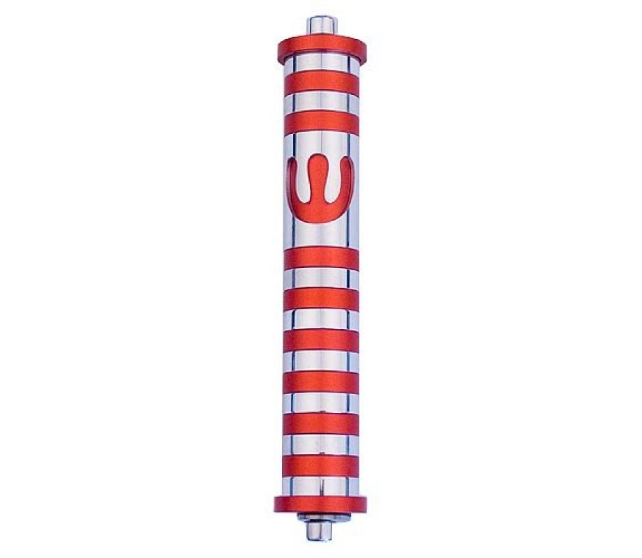 Agayof Cylinder Mezuzah Case with Bands and Curving Shin, Dark Colors – 6 Inches