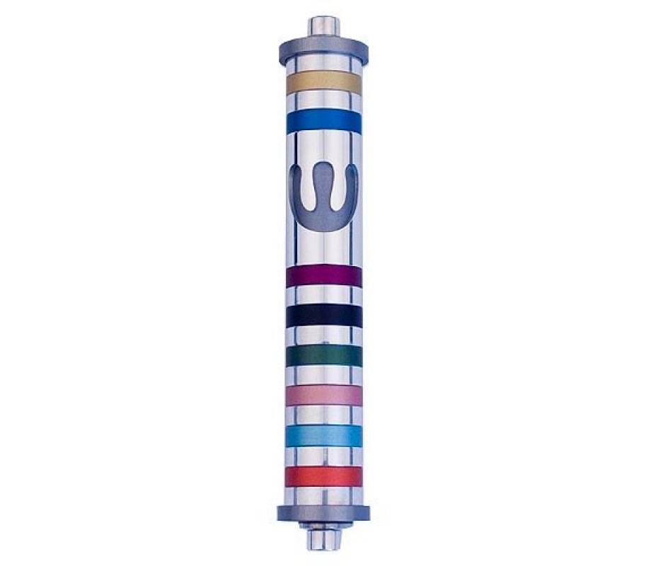 Agayof Cylinder Mezuzah Case with Bands and Curving Shin, Dark Colors – 6 Inches