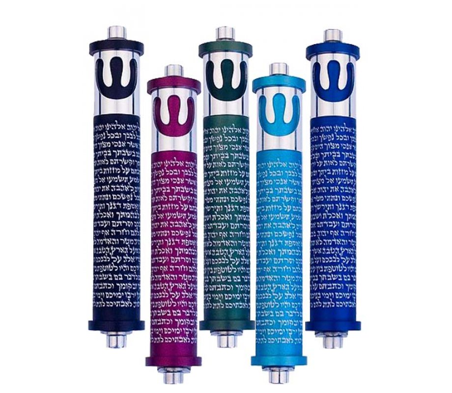Agayof Cylinder Mezuzah Case with Shema Prayer and Shin, Dark Colors - 6 Inches Height