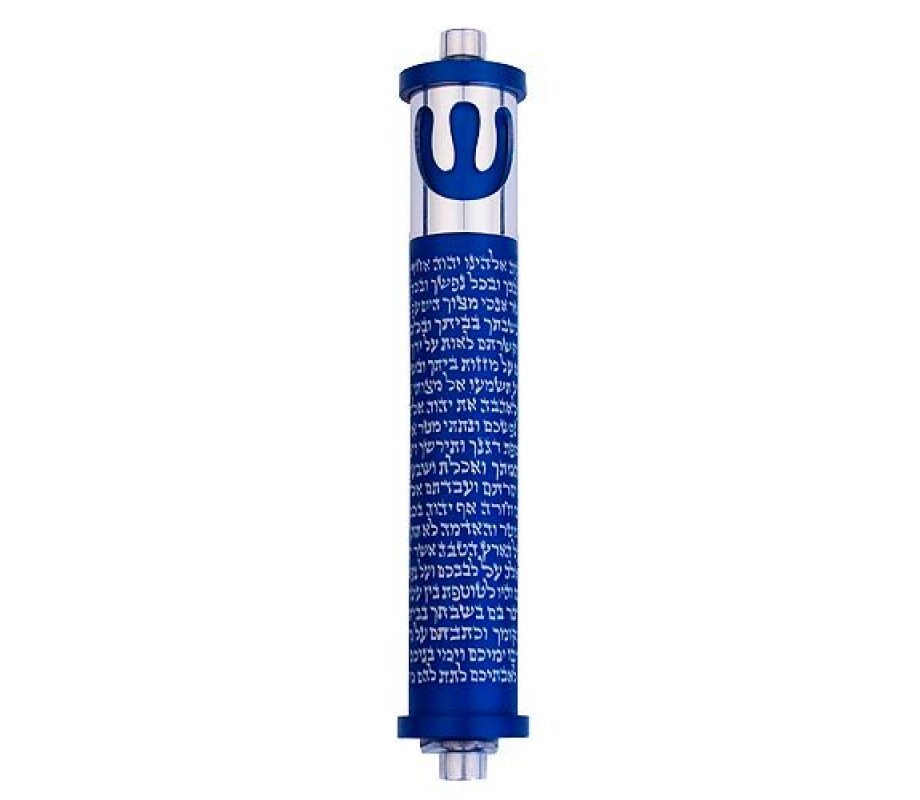 Agayof Cylinder Mezuzah Case with Shema Prayer and Shin, Dark Colors - 6 Inches Height