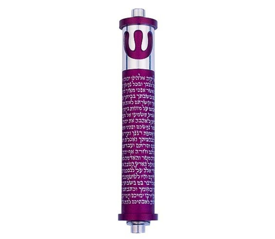 Agayof Cylinder Mezuzah Case with Shema Prayer and Shin, Dark Colors - 6 Inches Height