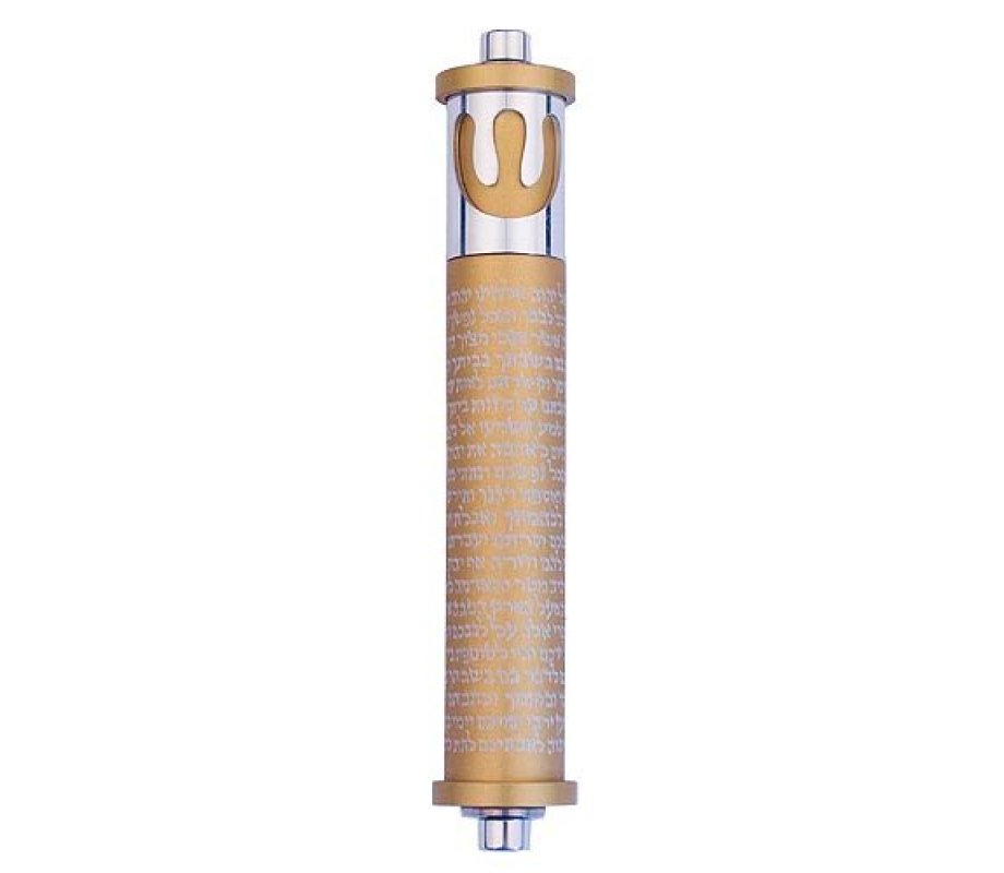 Agayof Cylinder Mezuzah Case with Shema Prayer and Shin, Light Colors - 4 Inches