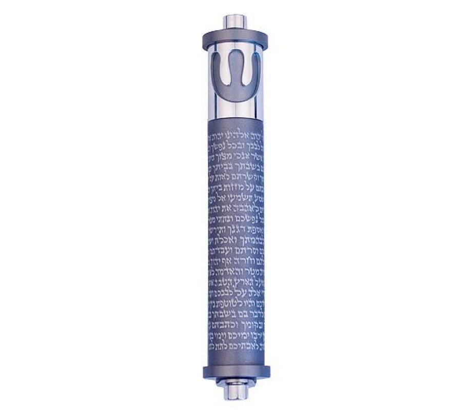 Agayof Cylinder Mezuzah Case with Shema Prayer and Shin, Light Colors - 4 Inches