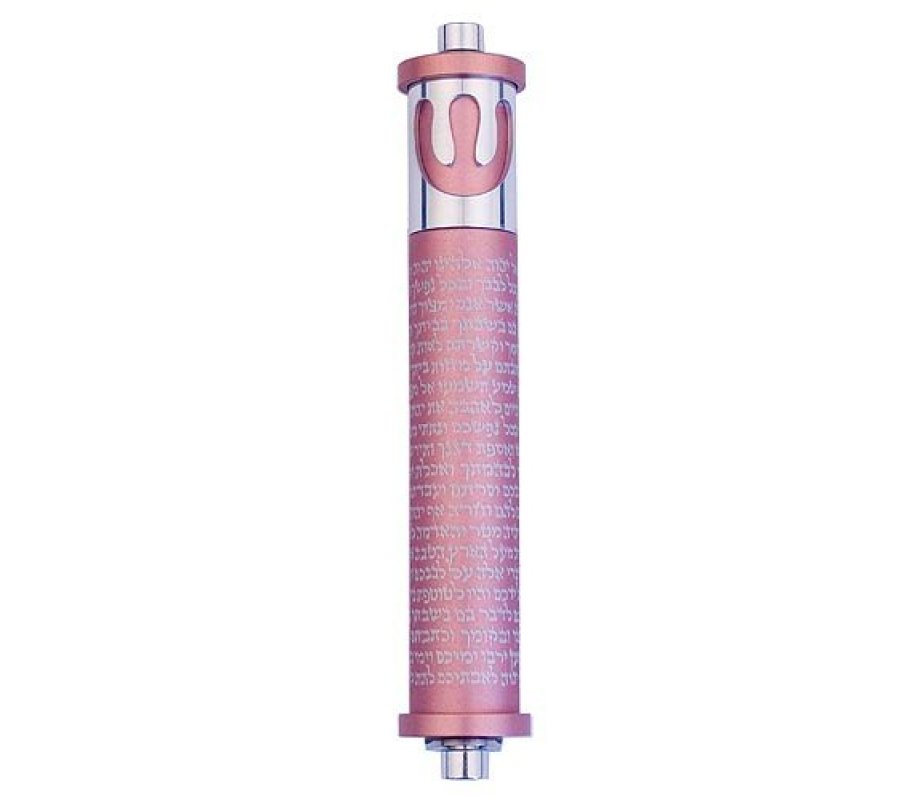 Agayof Cylinder Mezuzah Case with Shema Prayer and Shin, Light Colors - 4 Inches