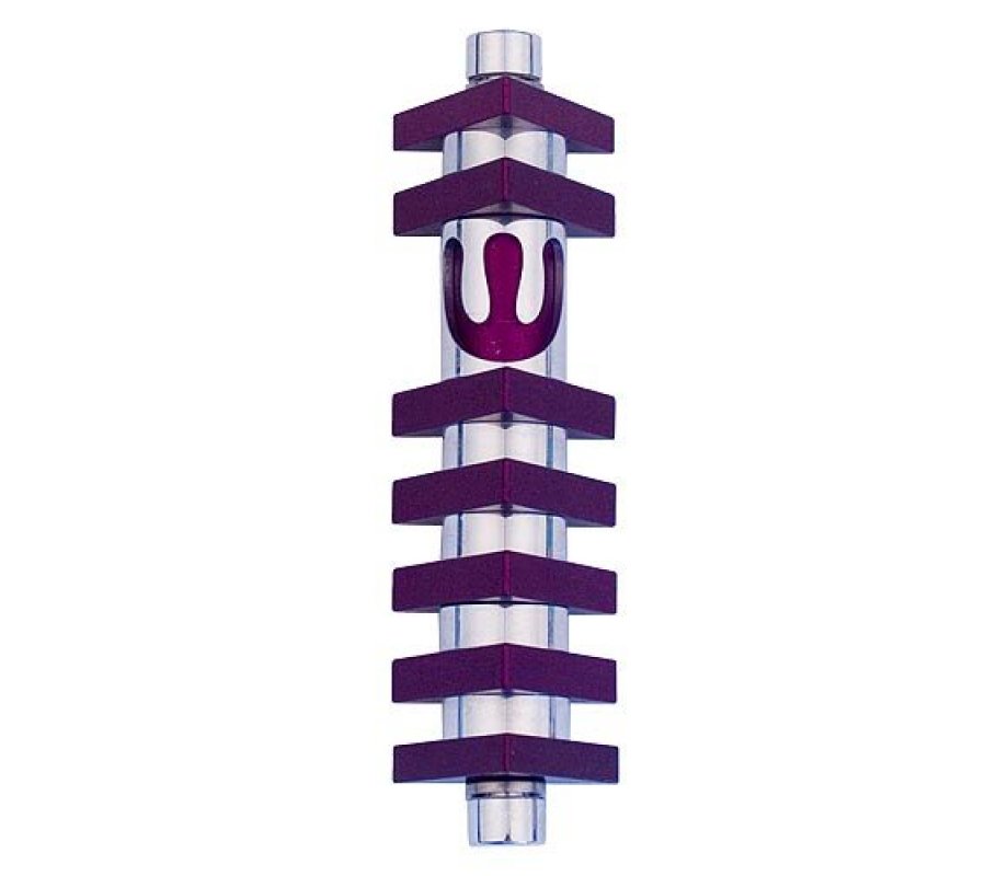 Agayof Cylinder Mezuzah Case with Triangles, Dark Colors - 4 Inches Height