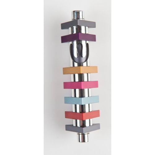 Agayof Cylinder Mezuzah Case with Triangles, Light Colors - 4 Inches Height