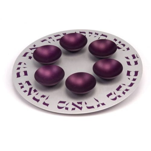 Agayof, Exclusive Anodized Aluminum Seder Plate with Bowls – Silver and Purple