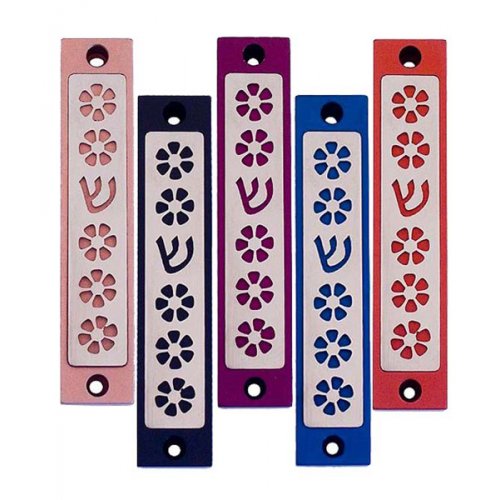 Agayof Mezuzah Case, Five Flowers and Shin in Dark Colors  4 Inches Height