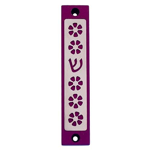 Agayof Mezuzah Case, Five Flowers and Shin in Dark Colors  4 Inches Height