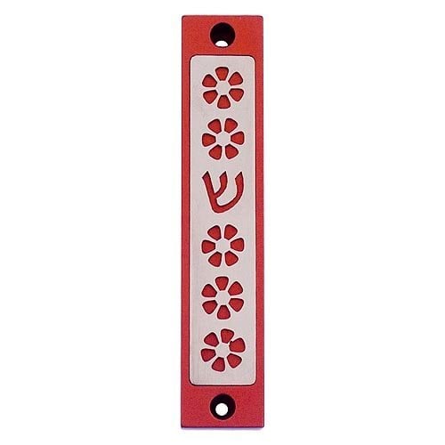 Agayof Mezuzah Case, Five Flowers and Shin in Dark Colors  4 Inches Height