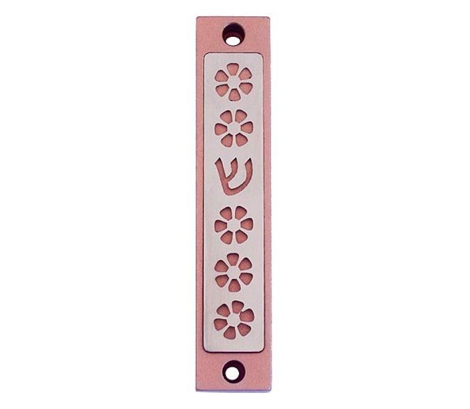 Agayof Mezuzah Case, Five Flowers and Shin in Dark Colors – 4 Inches Height