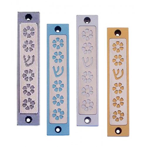 Agayof Mezuzah Case, Five Flowers and Shin in Light Colors - 4 Inches Height