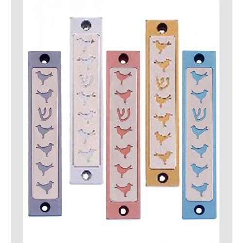 Agayof Mezuzah Case, Six Doves and Shin in Light Colors - 4 Inches Height