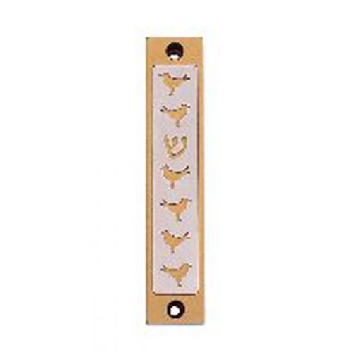 Agayof Mezuzah Case, Six Doves and Shin in Light Colors - 4 Inches Height