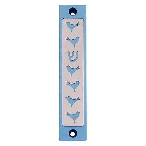 Agayof Mezuzah Case, Six Doves and Shin in Light Colors - 4 Inches Height